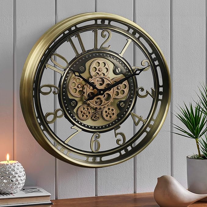 CLXEAST 21 Inch Industrial Moving Gears Wall Clock,Modern Farmhouse Arabic Numeral Battery Operated Silent Wall Clock for Living Room Decor,Brushed Gold,House Warming Gifts New Home