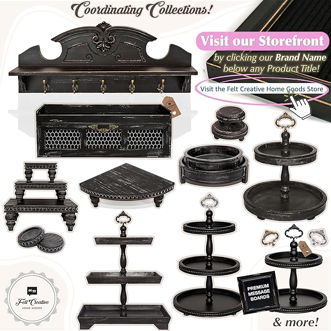 Corner Pedestal Stand Rustic Decor Riser for Display - Farmhouse Wood Rounded Beaded Tray for Kitchen and Bathroom Countertop Organizer, Coffee Bar, Plant Stand with Removable Feet (Rustic Black)