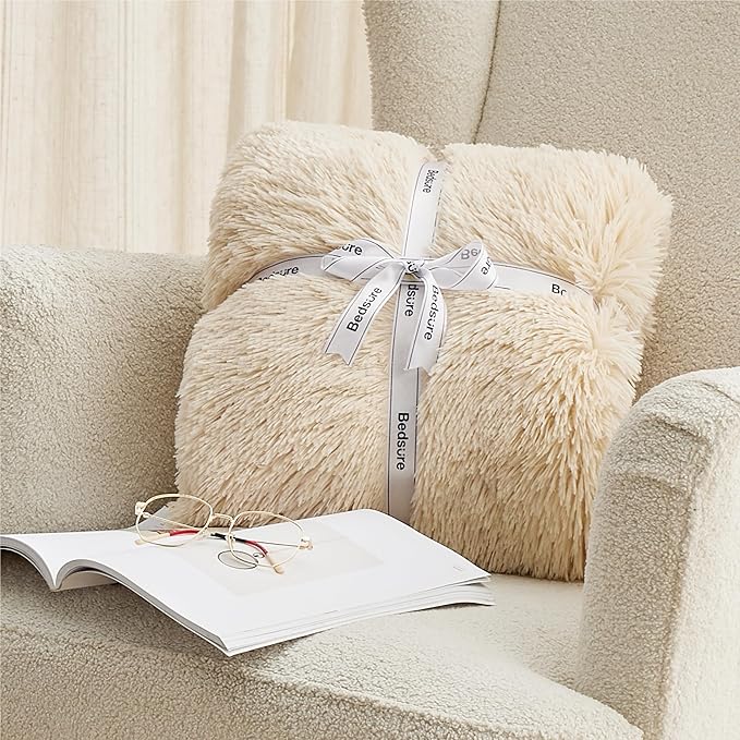 Bedsure Fluffy Beige Blankets Queen Size for Bed, Thick Sherpa Faux Fur Fleece Fuzzy Plush Winter Warm Heavy Soft Full Queen Blankets, Bedroom Decor Beige Gifts Cozy Gifts for Women Men, 90x90