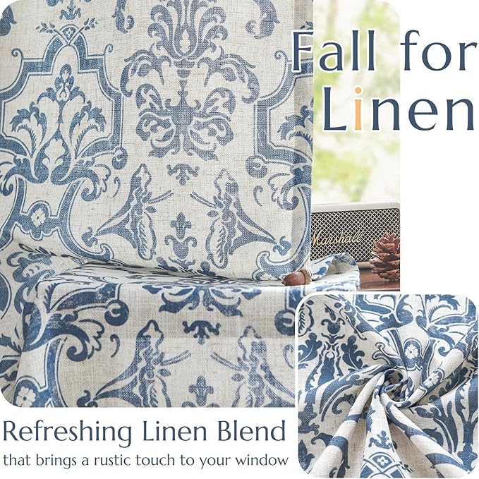 jinchan Curtains for Bedroom, Light Filtering Curtains 90 Inch Length 2 Panels Set, Baroque Style Linen Drapes for Living Room, Vintage Damask Patterned Window Treatments, Grommet Slate Blue on Flax