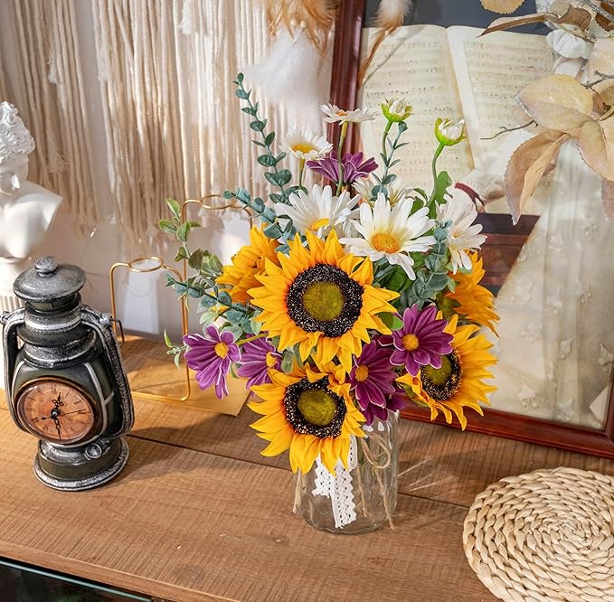LUEUR Artificial Faux Flowers in Vase for Home, Fake Flowers Arrangment with Pot, Sunflower Silk Daisy Bouquet for Fall Spring Decor Coffee Table Dinning Room Kitchen Centerpiece Table Decorations