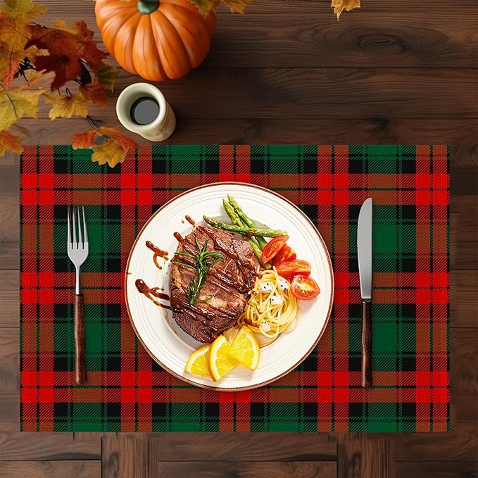 Christmas Plaid Placemats Set of 6,Washable Heat Resistant 12×18 Inch Linen Table Mats Green Red Place Mats for Party Outdoor Dining Décor