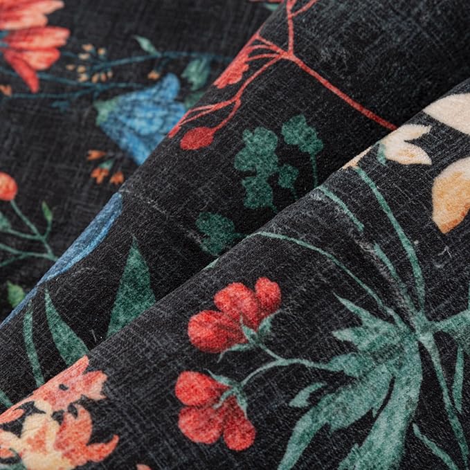 Black Area Rug 8x10 Floral Washable Living Room Kitchen Boho Carpet Non Slip Low Pile Indoor Accent Lightweight Soft Throw Rug for Bedroom Office Dining Room Nursery Farmhouse
