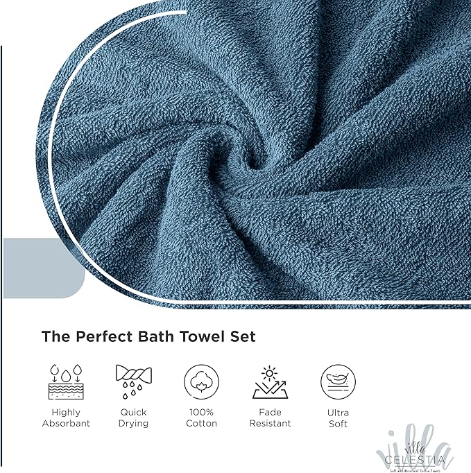 100% Cotton Bath Towel Set of 10-2 Bath Towels, 4 Hand Towels, 4 Wash Cloths, Sustainable, Soft, Highly Absorbent, Combed Cotton 10 Piece Set for Hotels, Spa, Bathroom, Dorm, Blue