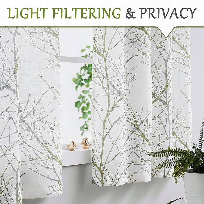 FMFUNCTEX Extra Wide Patio Door Curtain 100 inches Width by 96 Inch Length for Living Room Tree Print Not See Through Linen Semi Sheer Curtain Green Gray Branch Sliding Glass Door Curtains 1 Panel