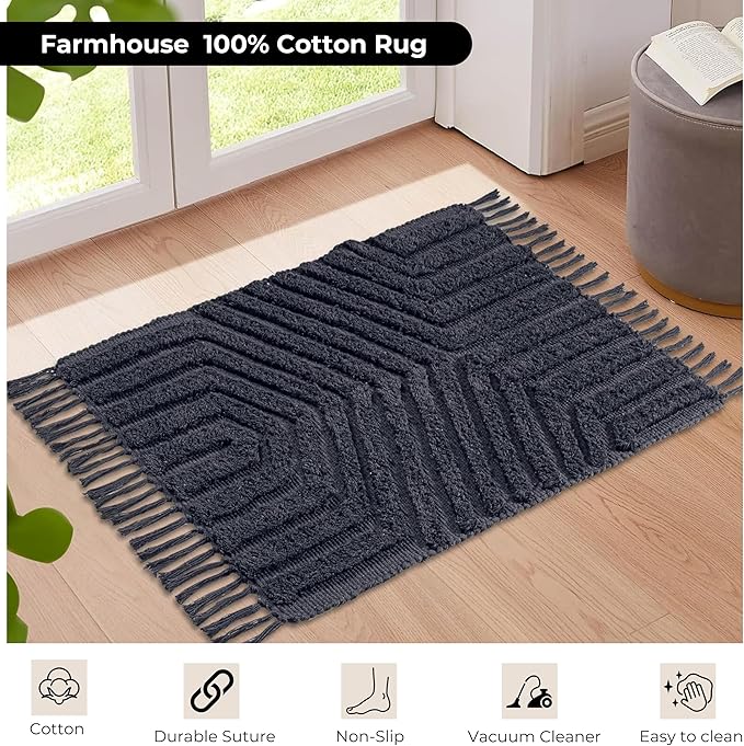 Boho Bathroom Rug 2' x 3', Washable Hand-Woven Tufted Cotton Rug with Tassels for Entryway 24x36 inch, Foyer, Bedroom, or Kitchen - Dark Grey