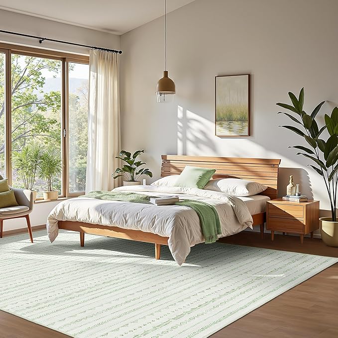 Sage Green 5x8 Area Rugs for Living Room, Washable Rugs Moroccan Boho Farmhouse Rug with Non-Slip Backing, Soft Low Pile Indoor Floor Carpet Neutral Rug for Bedroom Dining Room