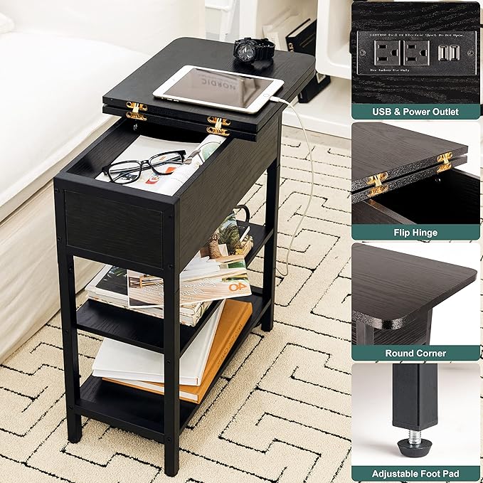 Yoobure End Table with Charging Station, Flip Top Side Table with USB Ports and Outlets, Sofa Couch Table Bedside Table for Living Room Bedroom, Narrow Nightstand with Storage Shelves for Small Space