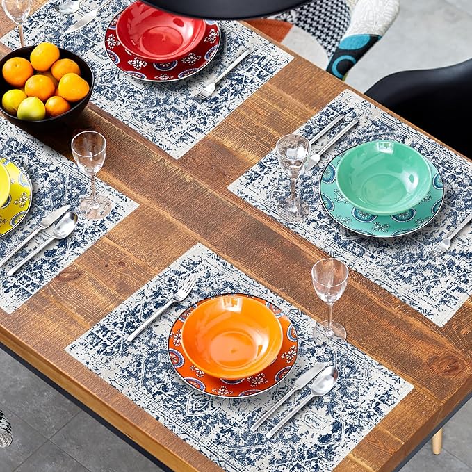Navy Blue Gray Boho Placemats Set of 4 Ethnic Bohemian Carpet Place Mats Washable Kitchen Dining Vintage Grey Geography Floral Linen Table Mats Stain Heat-Resistant for Home Party Indoor 12x18 in