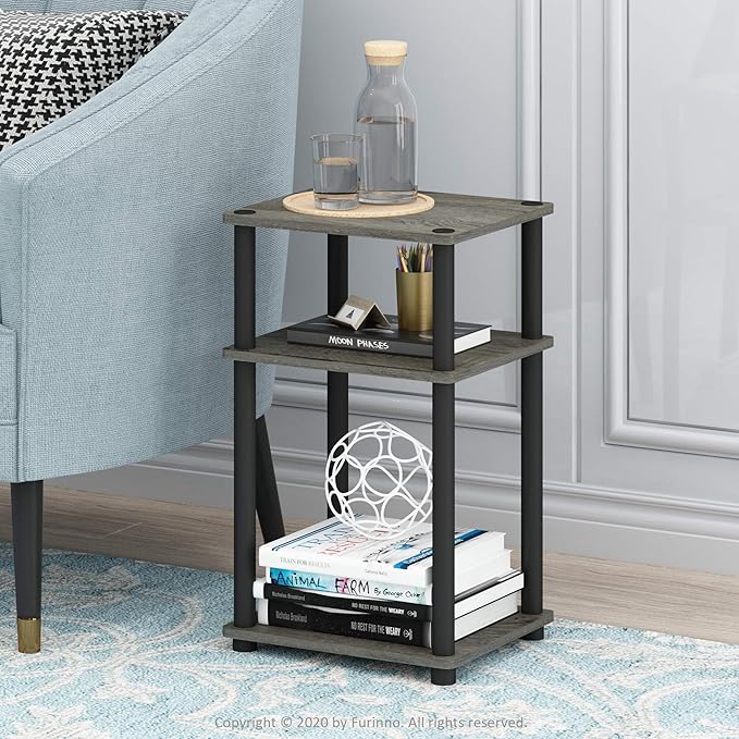 Furinno Just 3-Tier Turn-N-Tube End Table / Side Table / Night Stand / Bedside Table with Plastic Poles, 2-Pack, French Oak Grey/Black