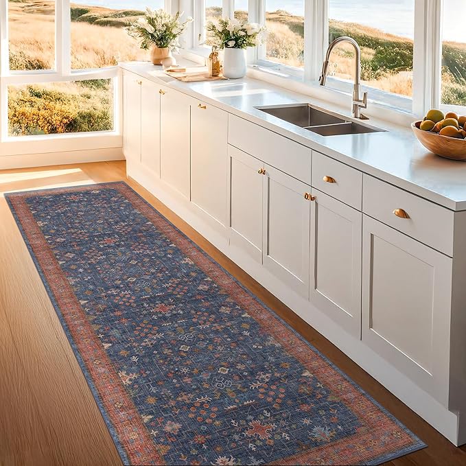 Washable 12 ft Long Runner for Kitchen Floor - Navy Blue Hallway Runner Rug, Pet Friendly Waterproof Non Slip with Rubber Backing, Stain Resistant Laundry Room Rug (3x12 Navy Blue & Terracotta)