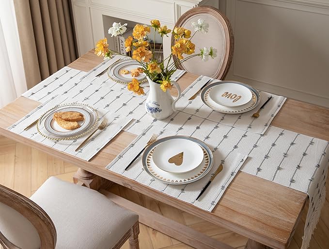 Boho Placemats Set of 6 for Dining Table Decor, Woven Cloth Place Mats for Farmhouse Rustic Kitche Home Decor, Cotton Placemats 13 x 19 Inch, Grey and Beige Table mats