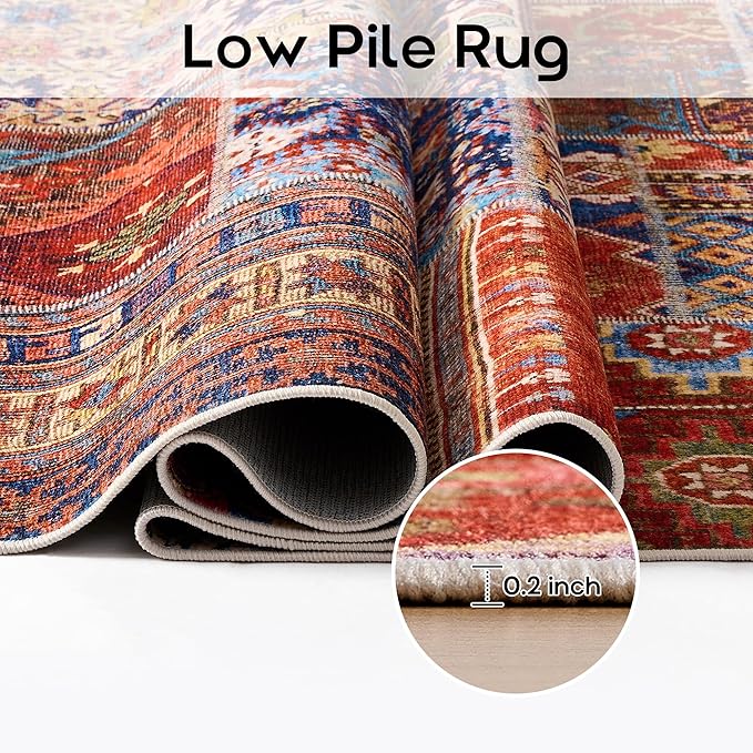 Boho Rug 5x7 for Living Room,Bohemian Colorful Non-Slip Washable Machine Soft 70s Funky Patriotic Independence Day Decor Vintage Area Rugs for Bedroom,Terracotta Rust Burnt Orange Red and Navy Blue