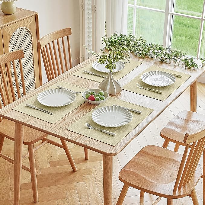 Softalker Faux Linen Placemats Set of 6-12 x 18 Inch, Heat Resistant Double Layered Durable Burlap Farmhouse Place Mats, Non-Slip Washable Rustic Table Mats for Dining, Kitchen, Party(Light Linen