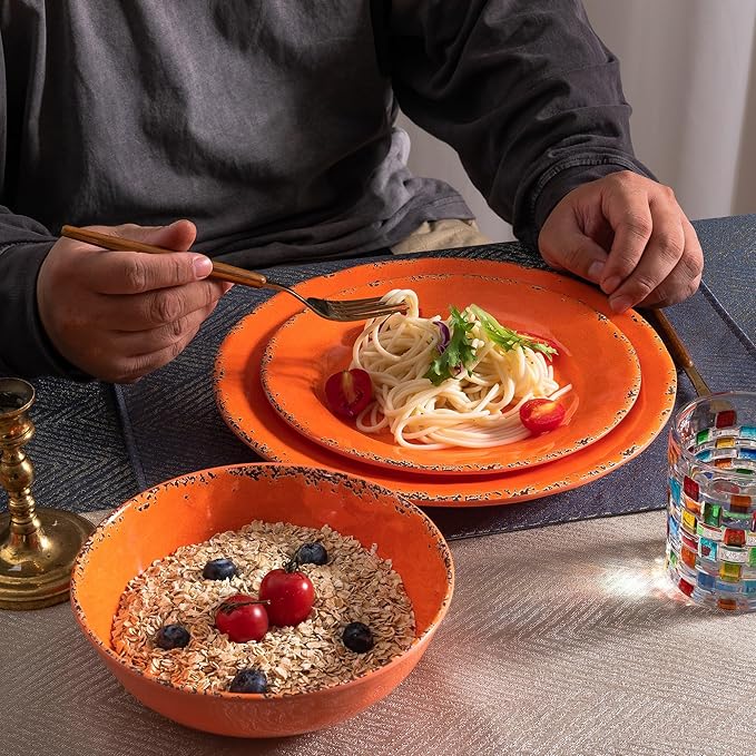 Rustic Melamine Dinnerware Sets, Farmhouse Dishes Set for 4, Lightweight 12 Piece Kitchen Plates and Bowls Set for Indoor and Outdoor Use, Dishwasher Safe, Orange