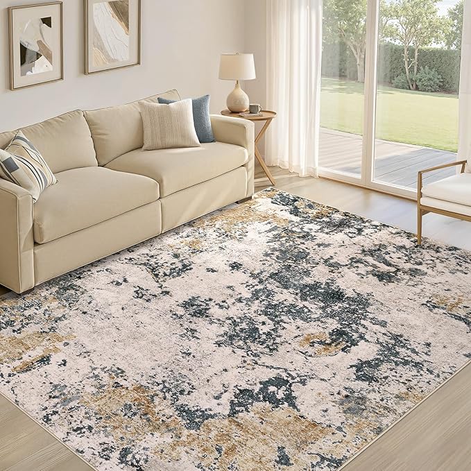 Area Rugs for Living Room: 10x12 Abstract Washable Rug Large Soft Stain Resistant Non-Slip Backing for Bedroom Dining Room Indoor Home Office Carpet for Kids Pet Friendly Families - Grey Gold