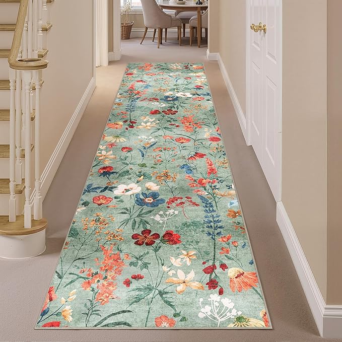 Floral Runner Rug 2x10 Washable Hallway Long Green Bedroom Carpet Non Slip Indoor Boho Kitchen Low Pile Accent Rug Lightweight Soft for Bathroom Dining Laundry Living Room