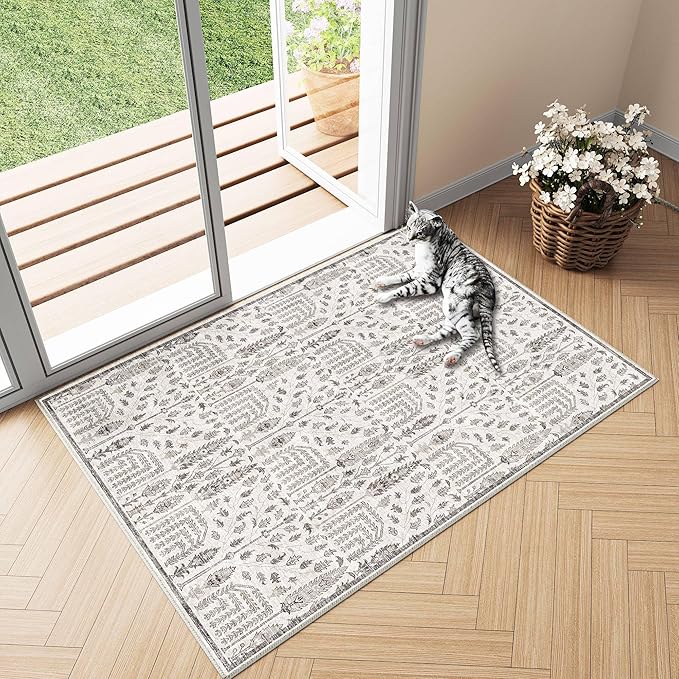 Entryway Area Rug 2x3 Washable Grey Carpet Non Slip Small Door Mat Boho Thin Floral Farmhouse Throw Accent Rug for Kitchen Bathroom Office Bedroom Laundry