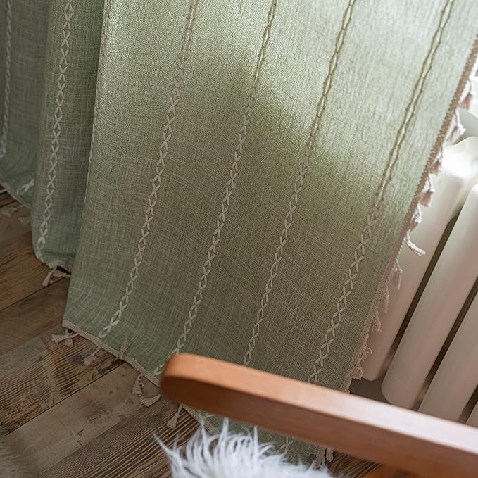 Sutuo Home Sage Green Boho Curtains for Bedroom Living Room, Semi Blackout Chic Farmhouse Country Tassels Window Treatment Bohemian Embroidery Drape for Christmas, Rod Pocket 1 Panel 52" W x 90" L