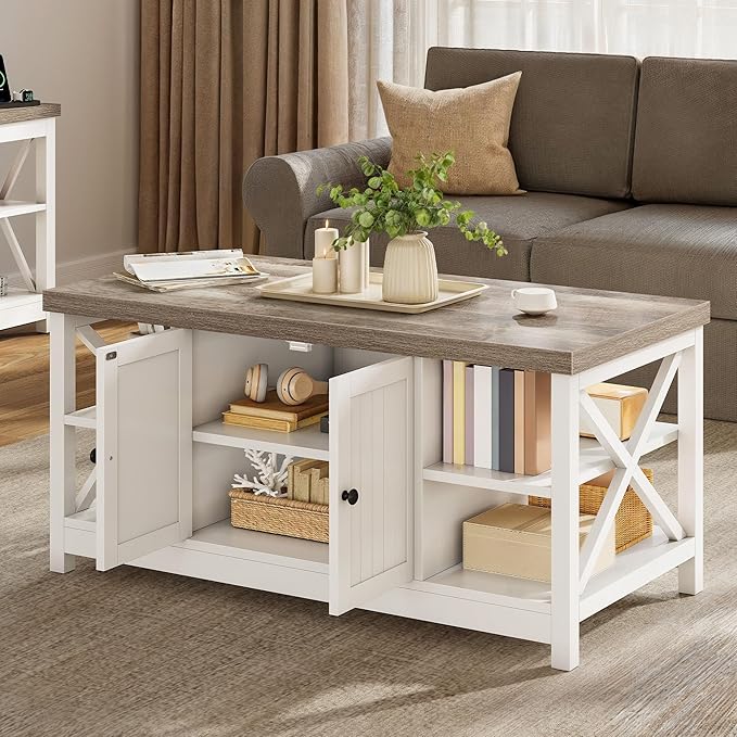 YITAHOME Coffee Table with Storage, Farmhouse Coffee Tables for Living Room, Rectangle Coffee Table 2 Tiers Shelf, CenterTable Space Saving Living Room Small Tables, Easy Assembly, Brown and White