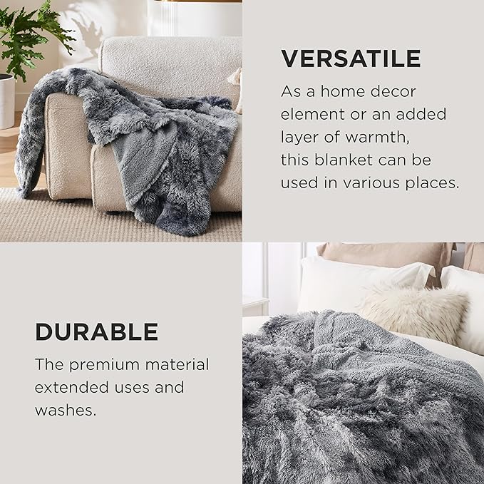 Bedsure Fluffy Tie Dye Grey Blankets Queen Size for Bed, Thick Sherpa Faux Fur Fleece Fuzzy Plush Winter Warm Soft Full Queen Blankets, Bedroom Decor Grey Gifts Cozy Gifts for Women Men, 90x90