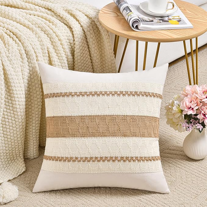 Fancy Homi Set of 2 Boho Neutral Decorative Throw Pillow Cover 20x20 Inch for Couch Bed Sofa, Aesthetic Modern Organic Farmhouse Home Decor, Soft Cotton Cute Accent Macrame Woven Tan Cushion Case