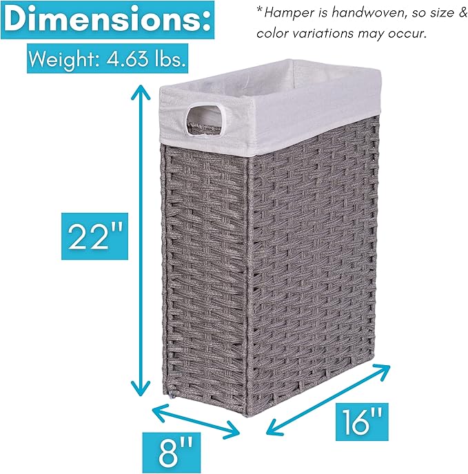 BIRDROCK HOME 22" Laundry Hamper with Removable Liner Bag - Handwoven PE Rattan Clothes Basket - Compact & Collapsible Laundry Storage for Bedroom & Bathroom - Perfect for Small Spaces - Slim, Grey