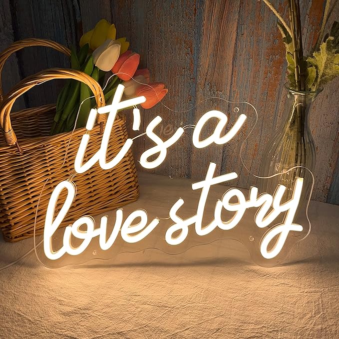 Its a Love Story Neon Sign, white USB Led Light Up Signs for Bedroom Aesthetic Birthday Wedding Party Gift Boyfriend Girlfriend Lover Women Men Room Bathroom Decoration Gift, 15.7 x 11.8 Inch