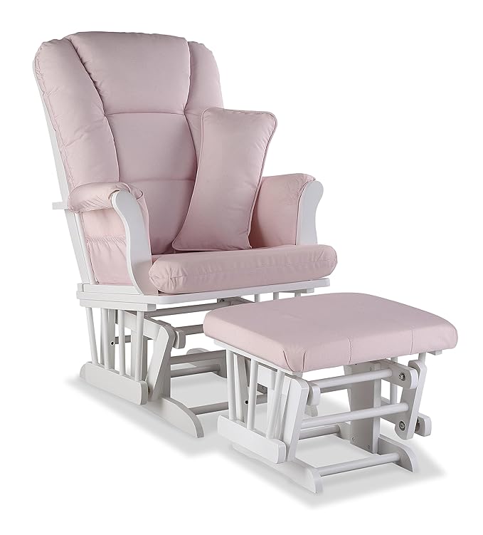 Storkcraft Tuscany Custom Glider and Ottoman with Free Lumbar Pillow (White/Pink Blush Swirl) - Cleanable Upholstered Comfort Rocking Nursery Chair with Ottoman