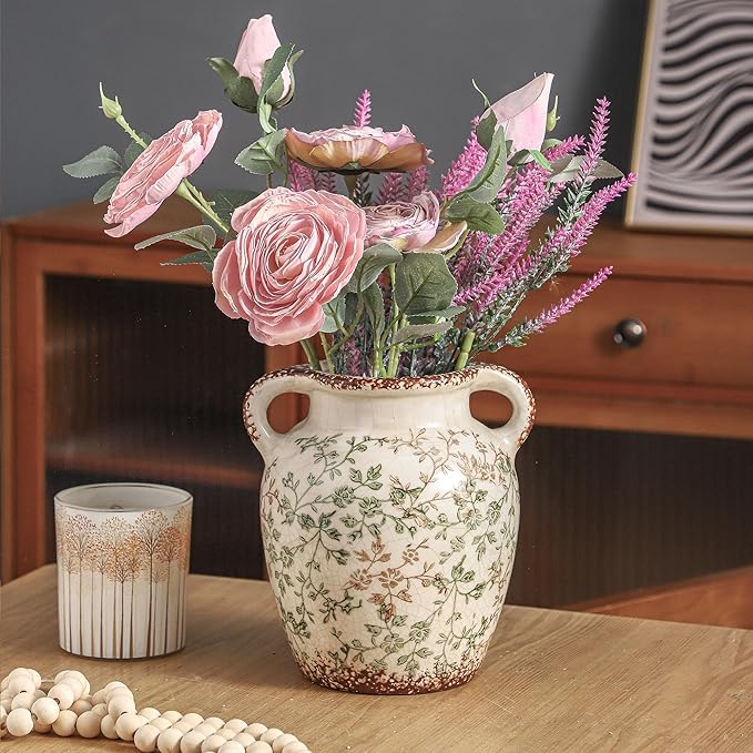 Enra Vintage vase,Green and Beige Ceramic Decorative Flower vase, Chinoiserie Floral Vase,Large Rustic Vases for Home Decors, Living Room, Bookshelf, Office 7.8 Inch