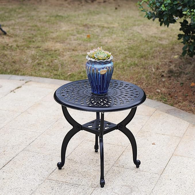 Mandolin Outdoor Patio,Rust -Resistant Cast Aluminum Side Table,Weather Resistant End Table,Coffee Table, Perfect for Patio, Backyard Or Garden.W 20.8" X H18.5(Aluminum Round, Black)