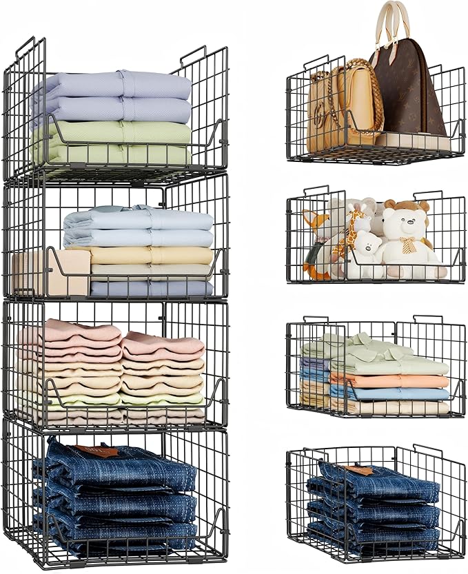 Stackable Closet Organizers and Storage Bins 4 Pack, Sturdy Metal Clothes Storage Container for Clothes Pants Sweaters, Black Folded Drawer Shelf Organizer for Closet Wardrobe