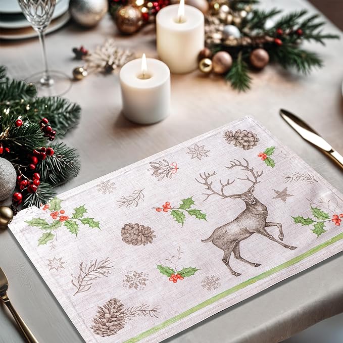 Maison d' Hermine Placemats Set of 4 100% Cotton Washable Cloth Place Mats, Reusable Table Mats for Kitchen Dining Decoration, Party, Wedding, Restaurant (Christmas Dew, 13" x 19")