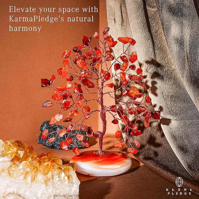 Crystal Tree of Life Home and Office Feng Shui Decor, Carnelian Healing Crystal Handmade Bonsai Tree for Positive Energy, Good Luck, Money, Christmas Decor, Birthday Gifts for Women, Mom