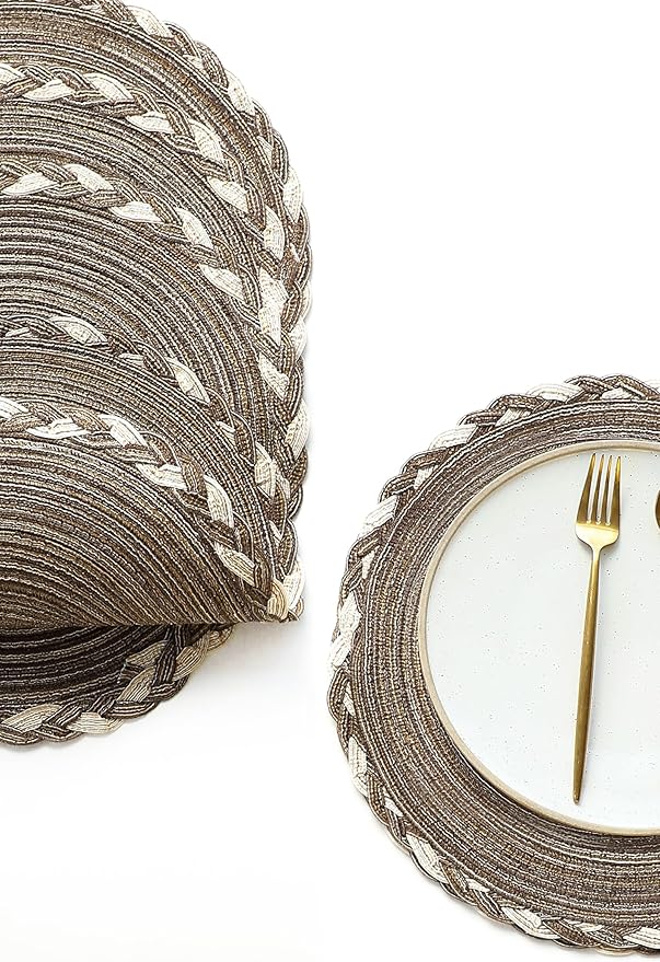 Floroom 15 Inch Round Braided Placemats Set of 4, Washable Heat Resistant Cotton Polyester Circle Place Mats for Kitchen Dining Table - Multicolor Earth Taupe