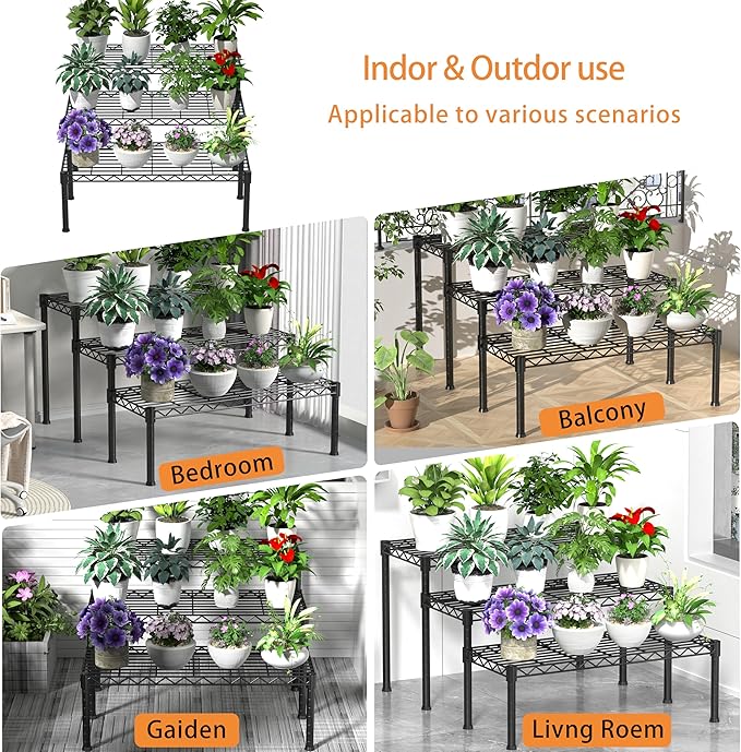 Xiofio 3 Tier Ladder Potted Multiple Plants for Indoor and Outdoor Plant Stands, Adjustable Shelves and Multifunctional Plant Racks suitable for living room balconies and gardens,(Black)