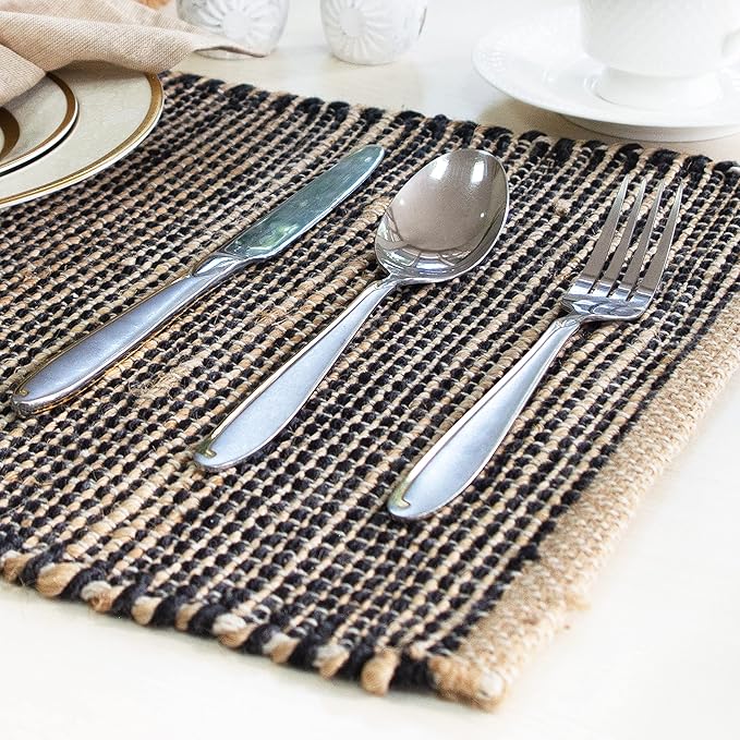 Chardin home | Natural Jute Placemats Set of 4 | 13x19 Inch Rustic Farmhouse Place mats | Table mats Colors - Natural Jute and Black Charcoal.