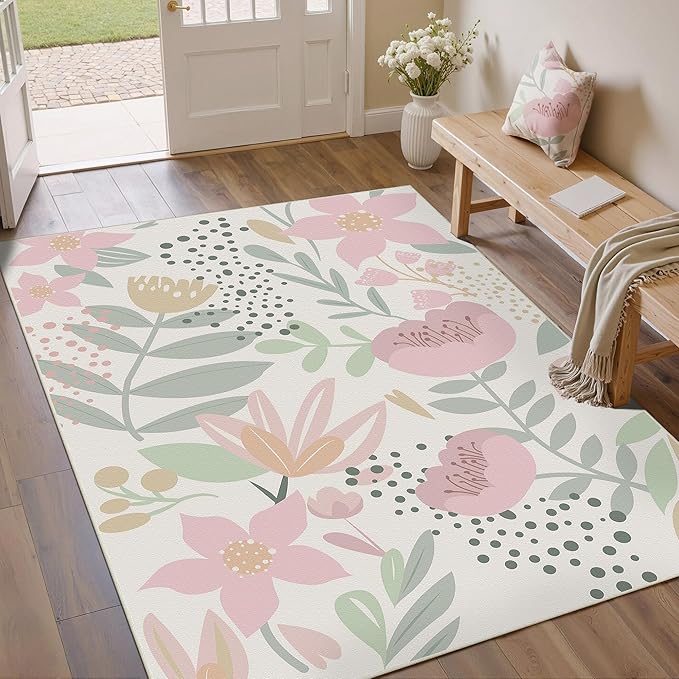 Pink Area Rug 4x6 Washable Office Carpet Boho Living Room Door Mat Non Slip Kitchen Soft Cute Bedroom Botanical Indoor Accent Rug for Dining Room Nursery Bathroom Farmhouse