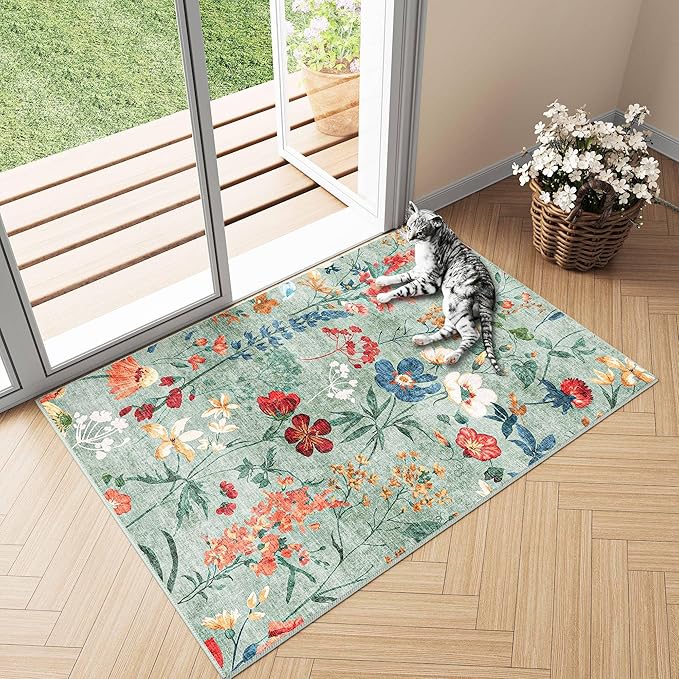 Green Area Rug 2x3 Entryway Floral Boho Door Mat Indoor Washable Kitchen Carpet Non Slip Bedroom Lightweight Low Pile Accent Rug for Bathroom Living Room Office Dining Room