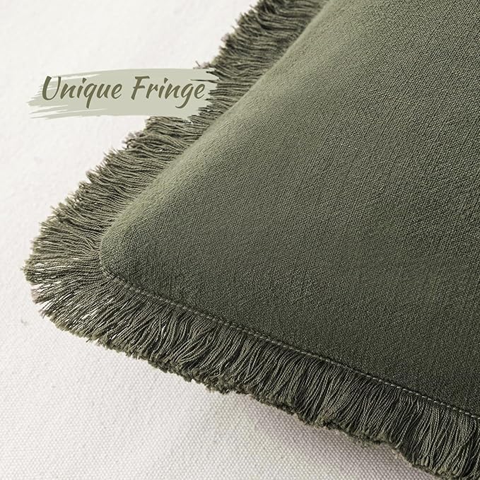 MIULEE Decorative Throw Pillow Covers Neutral Linen Fringe Throw Pillows Set of 2 Olive Green Boho Farmhouse Cushion Covers with Tassels for Couch Sofa Bed Living Room Spring Home Decor 16x16 Inch