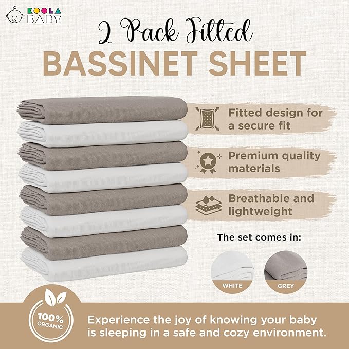 Bassinet Fitted Sheets - Compatible with Chicco LullaGo Anywhere, Baby Bjorn Cradle | 100% Organic Jersey Cotton - White + Grey | 29x14 (2 Pack)
