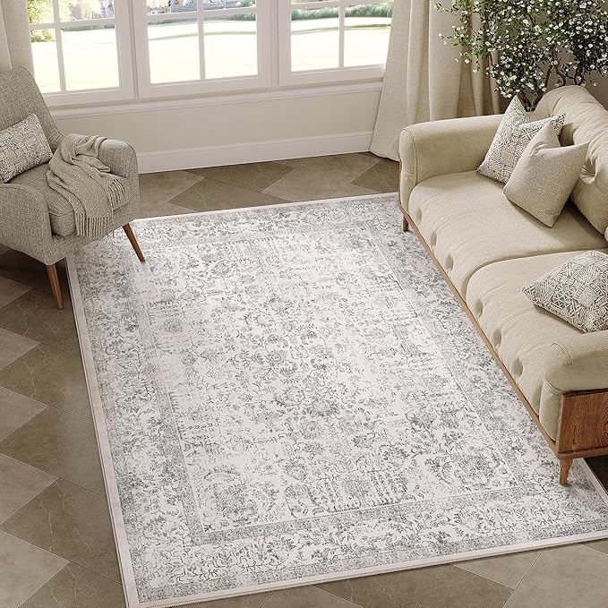 Gray Area Rug 3x5 Office Entryway Rug Machine Washable Kitchen Vintage Distressed Non Slip Carpet Indoor Grey Retro Floral Accent Throw Door Mat for Bathroom Bedroom Dining Living Room