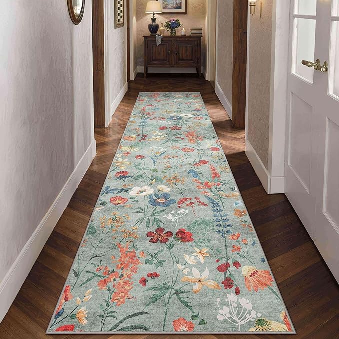 Floral Runner Rug 2x10 Washable Hallway Long Green Bedroom Carpet Non Slip Indoor Boho Kitchen Low Pile Accent Rug Lightweight Soft for Bathroom Dining Laundry Living Room