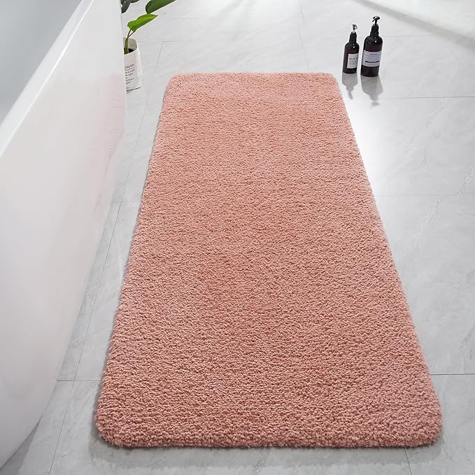 AROGAN Luxury Long Bathroom Runner Rug, 24x60 Inch Thick Soft and Absorbent Microfiber Non Slip Bath Mat, Rubber Backing Quick Dry Rugs Carpets, Machine Washable Plush Mats for Shower Floor, Pink