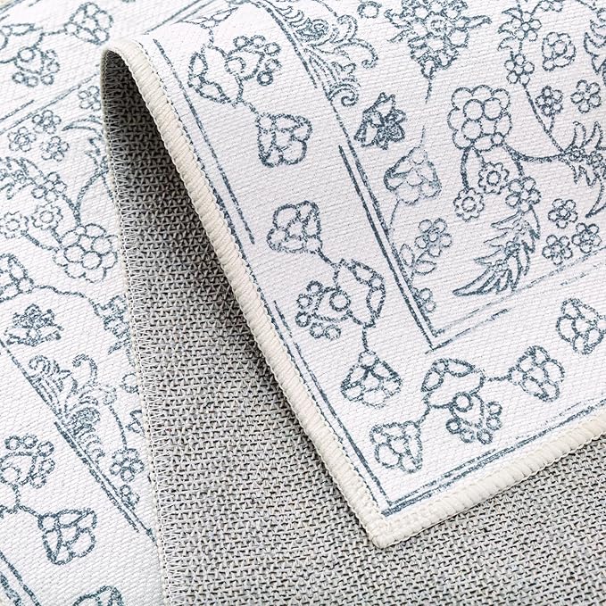 Floral Area Rug 5x7 Washable Blue Carpet Non Slip Large Boho Thin Farmhouse Throw Accent Rug for Living Room Bedroom Office Kitchen Bathroom
