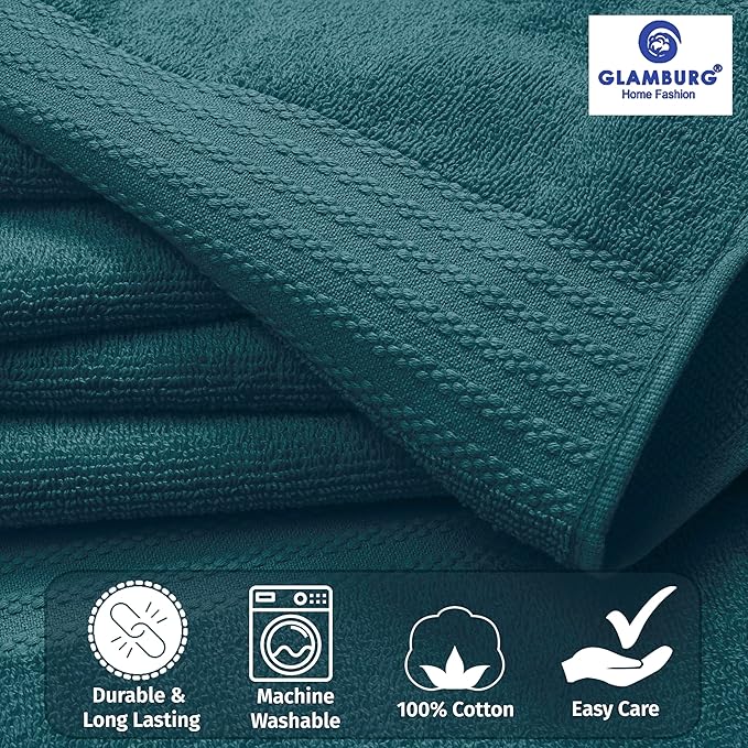GLAMBURG Premium Cotton Oversized 2 Pack Bath Sheet 35x70-100% Pure Cotton - Ideal for Everyday use - Ultra Soft & Highly Absorbent - Machine Washable - Teal
