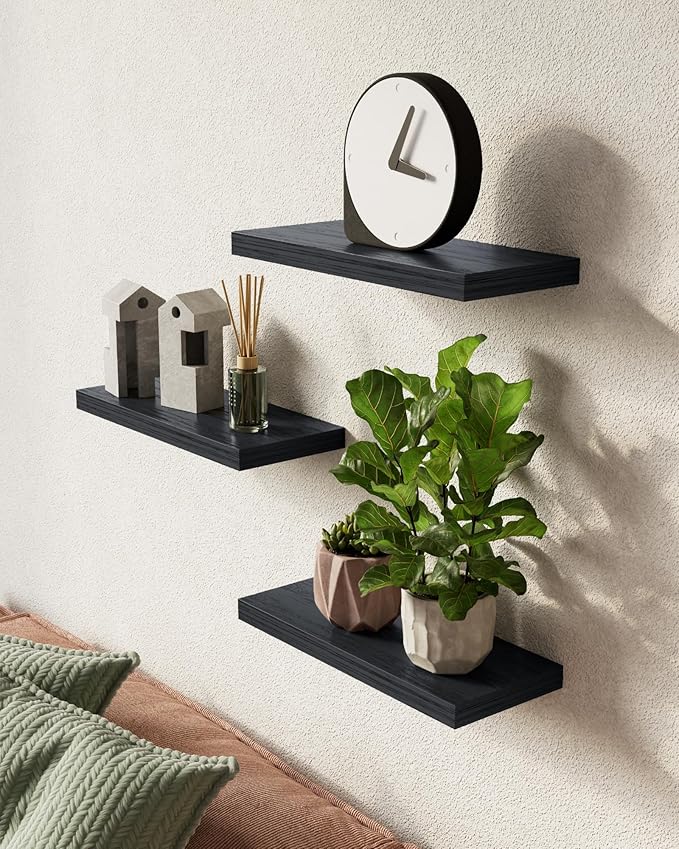 BAYKA Floating Shelves for Wall, Wall Mounted Rustic Wood Shelves for Bathroom, Bedroom, Living Room, Kitchen, Hanging Shelf for Books/Storage/Room Decor with 22lbs Capacity (Black, Set of 3, 15.7in)