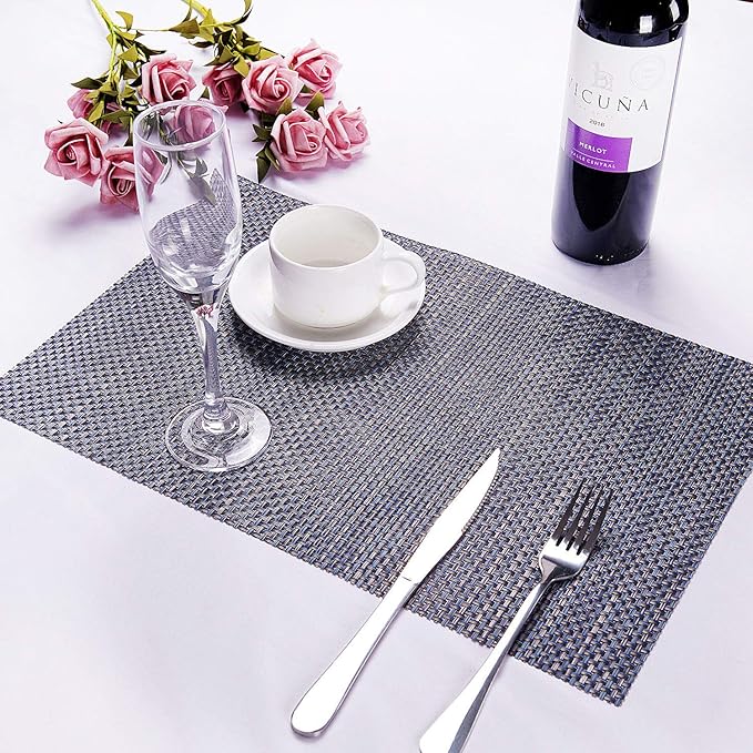 Zupro Placemats Set of 6 Washable Heat-Resistant Non-Slip Braided Table Mats Woven PVC Vinyl Kitchen Place Mats for Everyday use or Dinner Parties BBQs Indoor and Ourdoor Use.18"x12"(Dark Blue Gold)