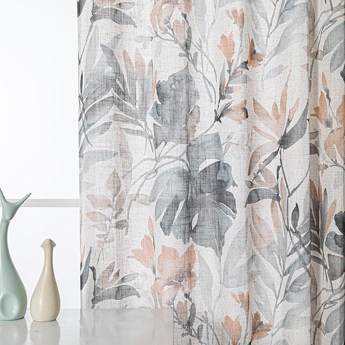 MYSKY HOME Two Pages Pinch Pleated 95 Inches Linen Orange Curtains for Living Room/Dining Room Burlap Effect Floral Printed Privacy Protect Drapes Window Treatments, 2 Panel, Coral and Natural
