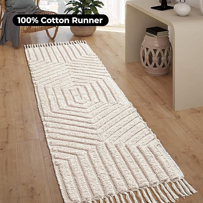 Boho Runner Rug 2x6' Washable Kitchen Rugs with Tassels Indoor Farmhouse Rugs for Bedroom Aesthetic Tufted Rug for Laundry Room Doorway Living Room_Pestal Linen